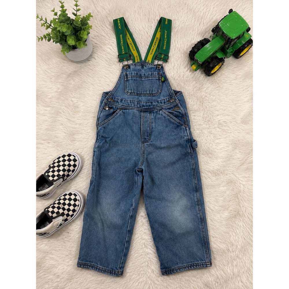 John Deere vintage Toddler 3T Denim Carpenter Overalls Green Yellow Suspenders